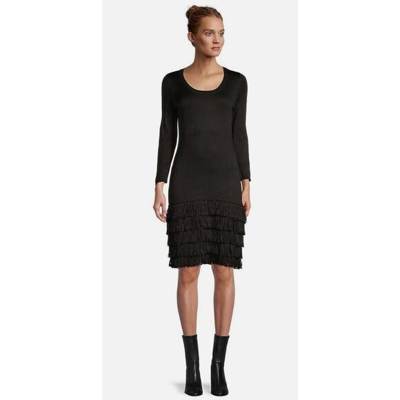 Calvin Klein Womens Scoop Neck Fringe Trim Sweater Dress Size Large Black New - Picture 1 of 12